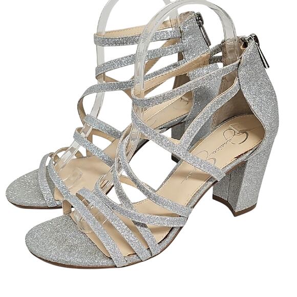 Jessica Simpson Stassey Sparkling Silver Strappy Block Heel Back Zip Sandals 8M - Picture 1 of 9